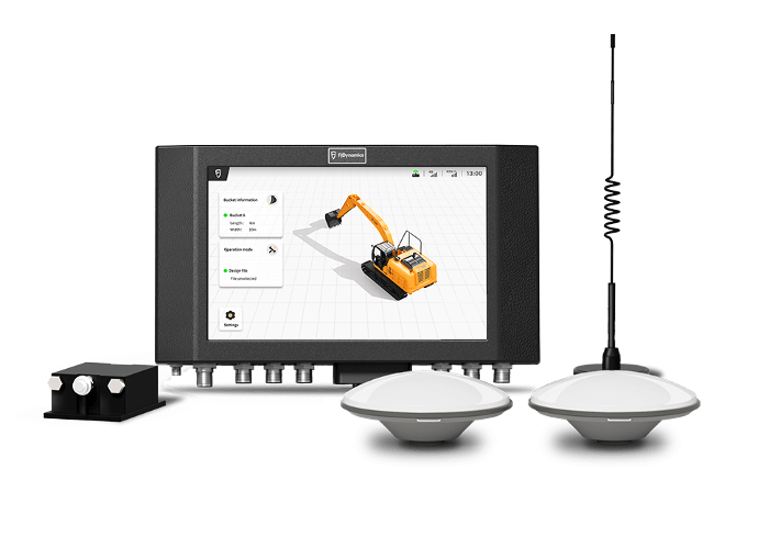 FJDynamics 3D excavator GPS grade control system reduces staking process. Combines RTK with GNSS; positioning accuracy reaches 3 cm.